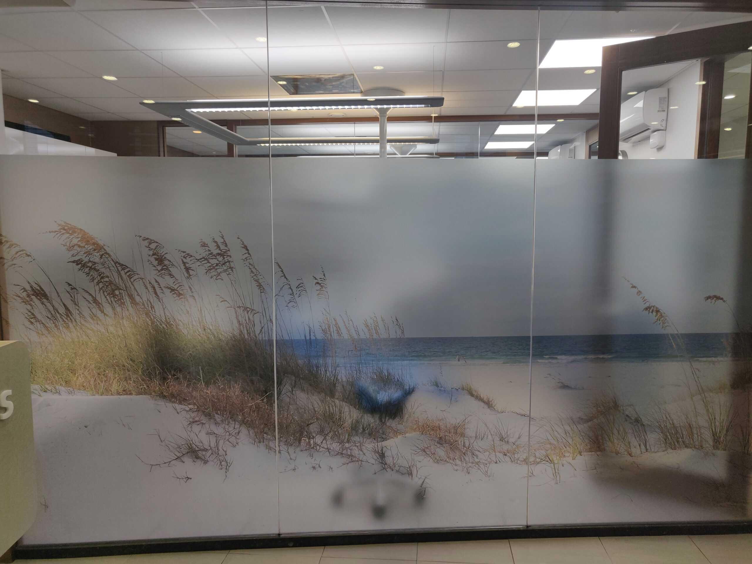 Interieur van een kantoor met glazen wanden die gedeeltelijk bedekt zijn met een mat folie. Het folie is bedrukt met een afbeelding van duinen en de zee, wat zorgt voor privacy zonder het natuurlijke licht te blokkeren. De ruimte heeft een moderne uitstraling met verlichtingspanelen aan het plafond.